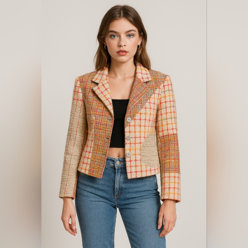 🧵 Y2K Poleci Patchwork Multicolor Tweed Blazer | Silk Lined | Made USA 🧵
